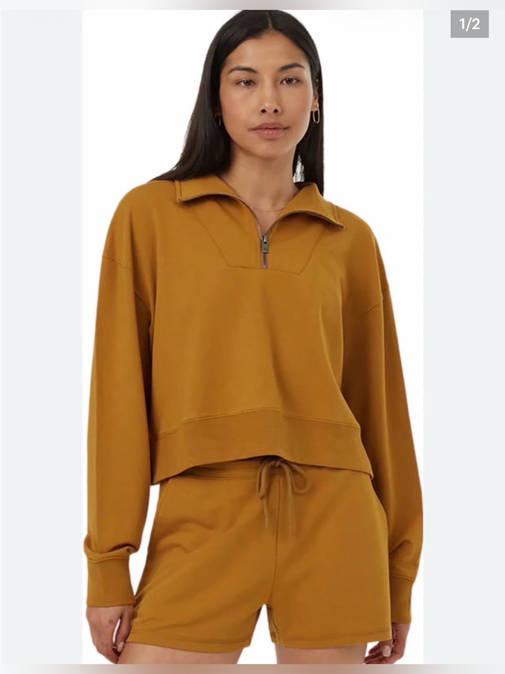 tentree SoftTerry Light 1/4 Zip Fleece in the color Golden Brown size medium